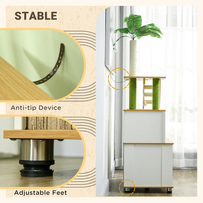 2-in-1 Hidden Litter Box with Green Leaf Cat Tree, Indoor - Oak