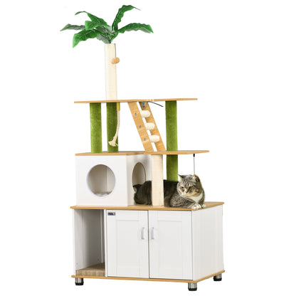 2-in-1 Hidden Litter Box with Green Leaf Cat Tree, Indoor - Oak