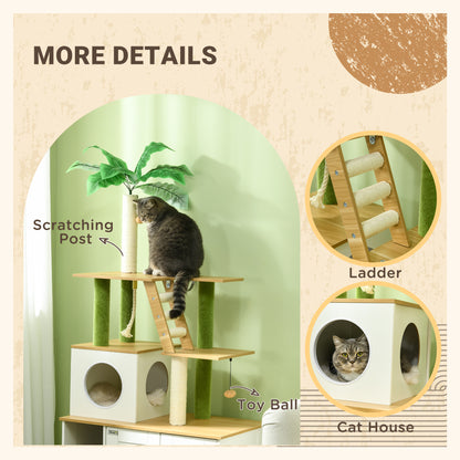 2-in-1 Hidden Litter Box with Green Leaf Cat Tree, Indoor - Oak