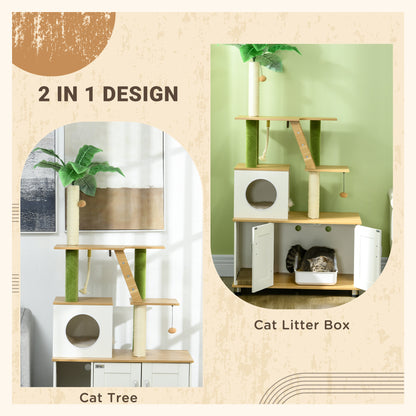 2-in-1 Hidden Litter Box with Green Leaf Cat Tree, Indoor - Oak