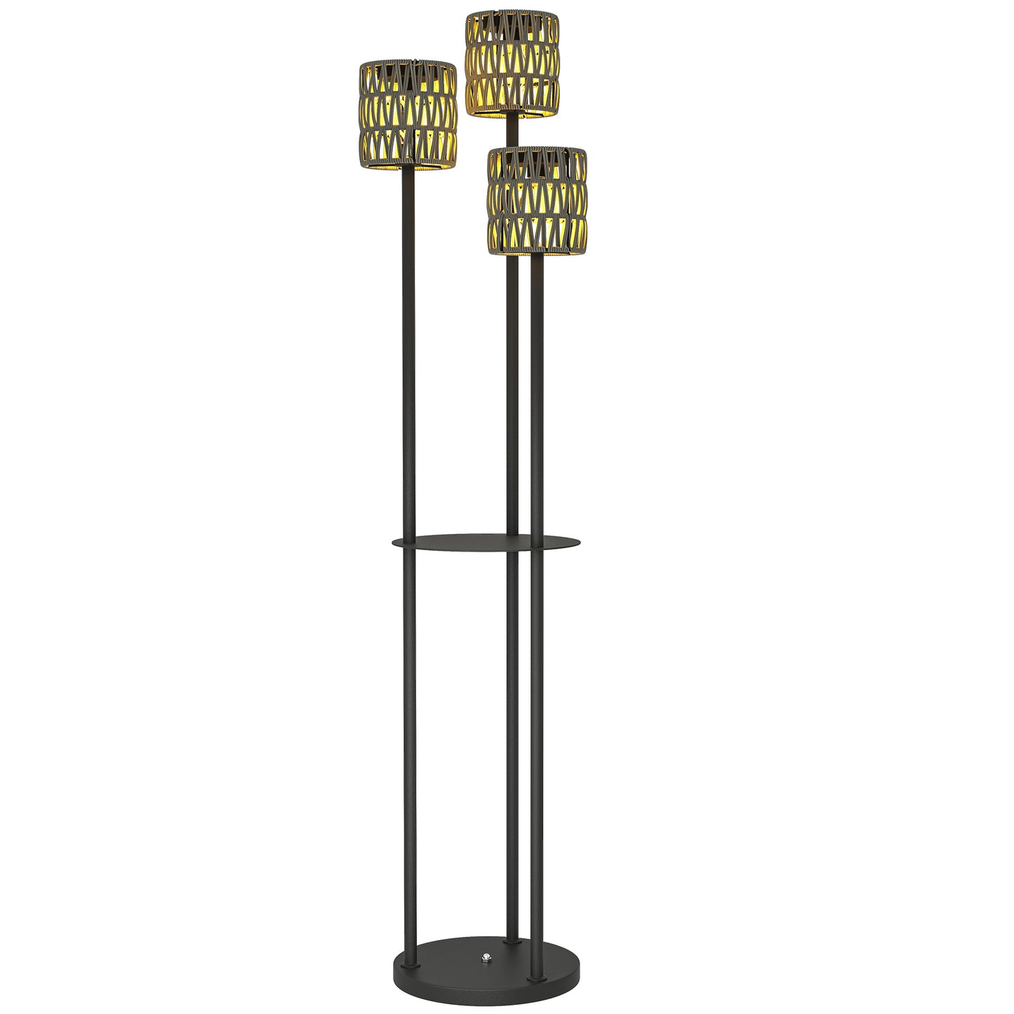 3-Light Solar Rattan Floor Lamp with Shelf, Auto On/Off, Grey