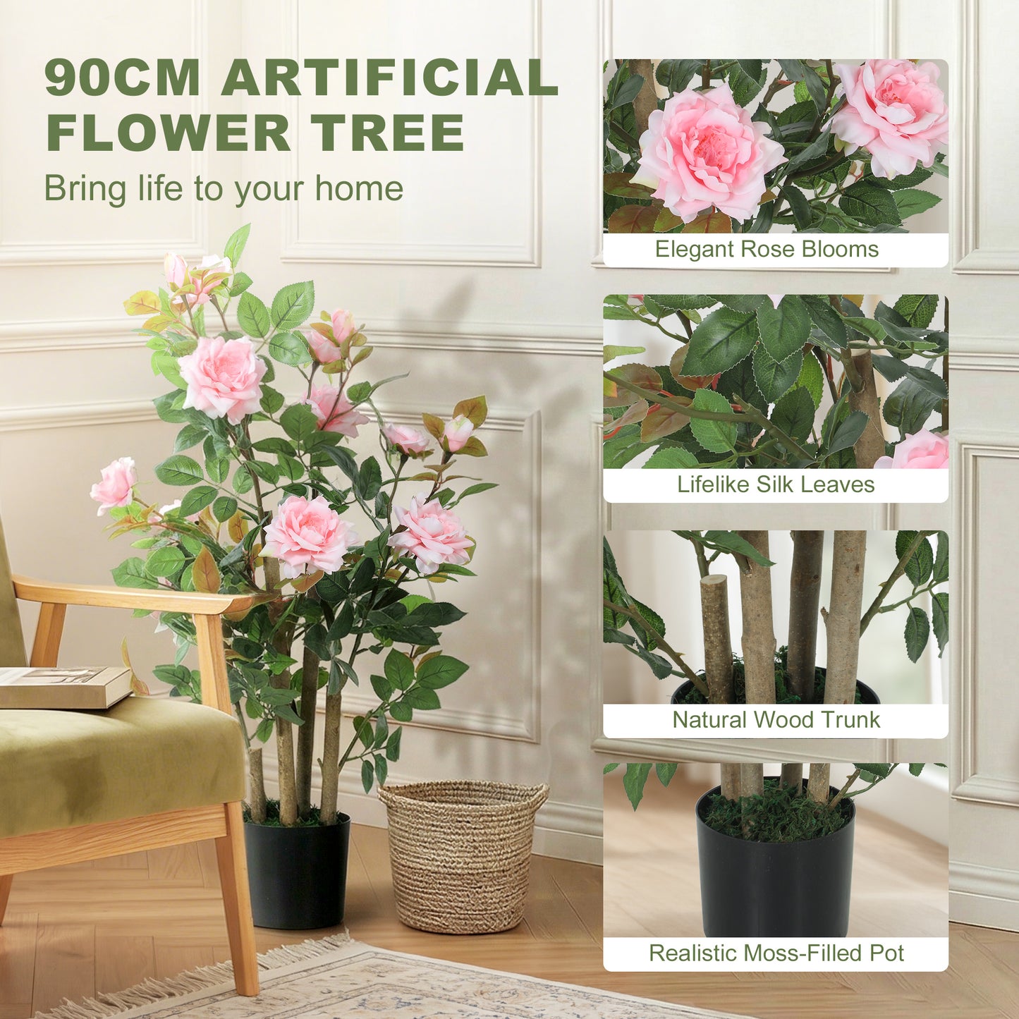 Artificial Rose Tree Set of 2 with 344 Silk Leaves & 17 Flowers, Pink