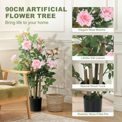 Artificial Rose Tree Set of 2 with 344 Silk Leaves & 17 Flowers, Pink