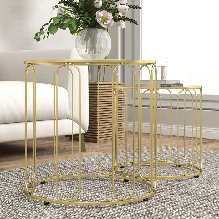 Coffee Table Set of 2, Nest of Tables with Metal Frame, Gold Tone