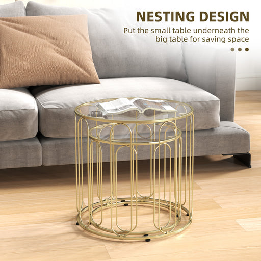 Coffee Table Set of 2, Nest of Tables with Metal Frame, Gold Tone