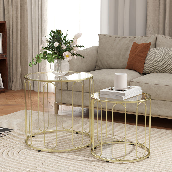 Coffee Table Set of 2, Nest of Tables with Metal Frame, Gold Tone