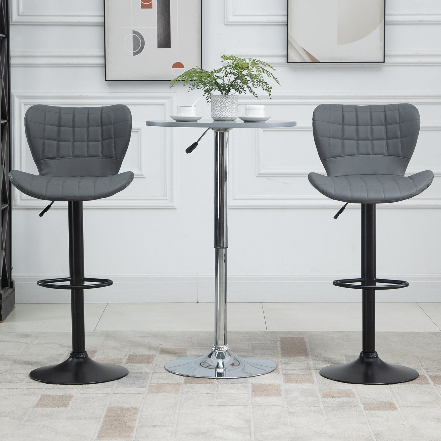 Bar Stools Set of 2 Adjustable Height Swivel PU Leather Bar Chairs Grey