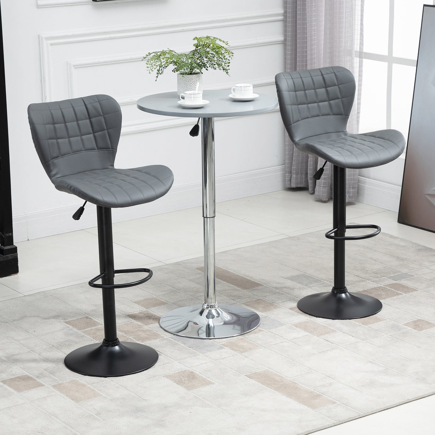 Bar Stools Set of 2 Adjustable Height Swivel PU Leather Bar Chairs Grey
