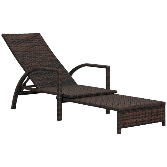 PE Rattan Sun Lounger with 4-Level Adjustable Backrest, Mixed-brown