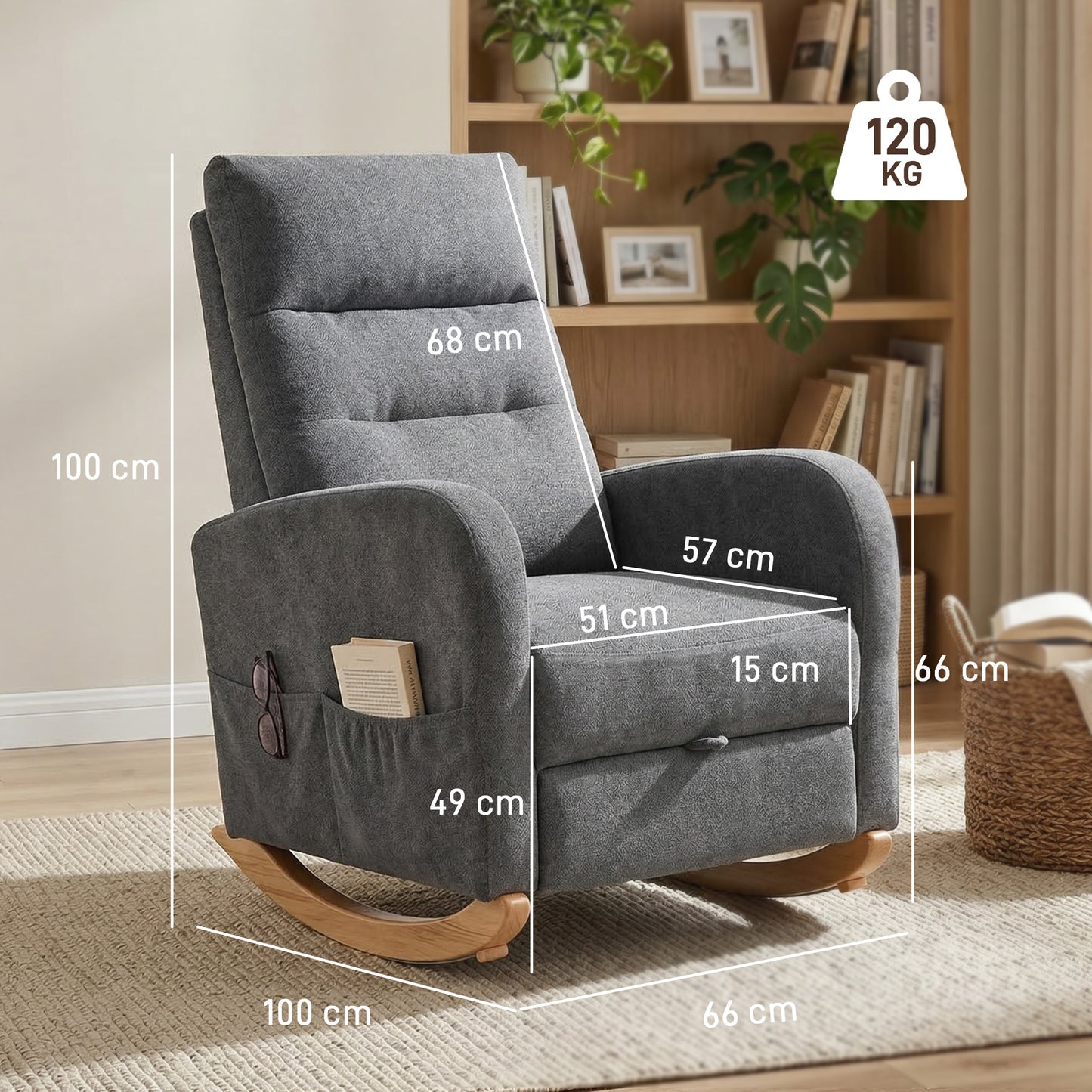 Upholstered Rocking Chair with Retractable Footrest Grey