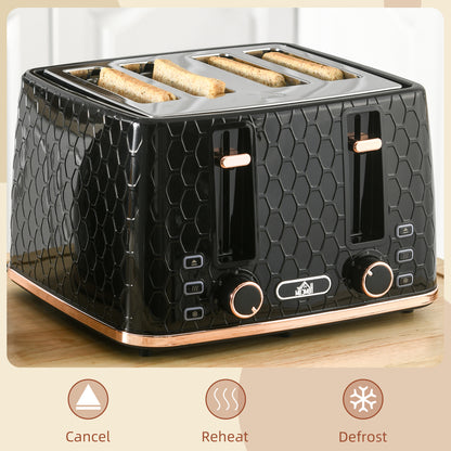 Toaster with 4 Slot, 7 Browning Levels, 1600W, Black Honeycomb
