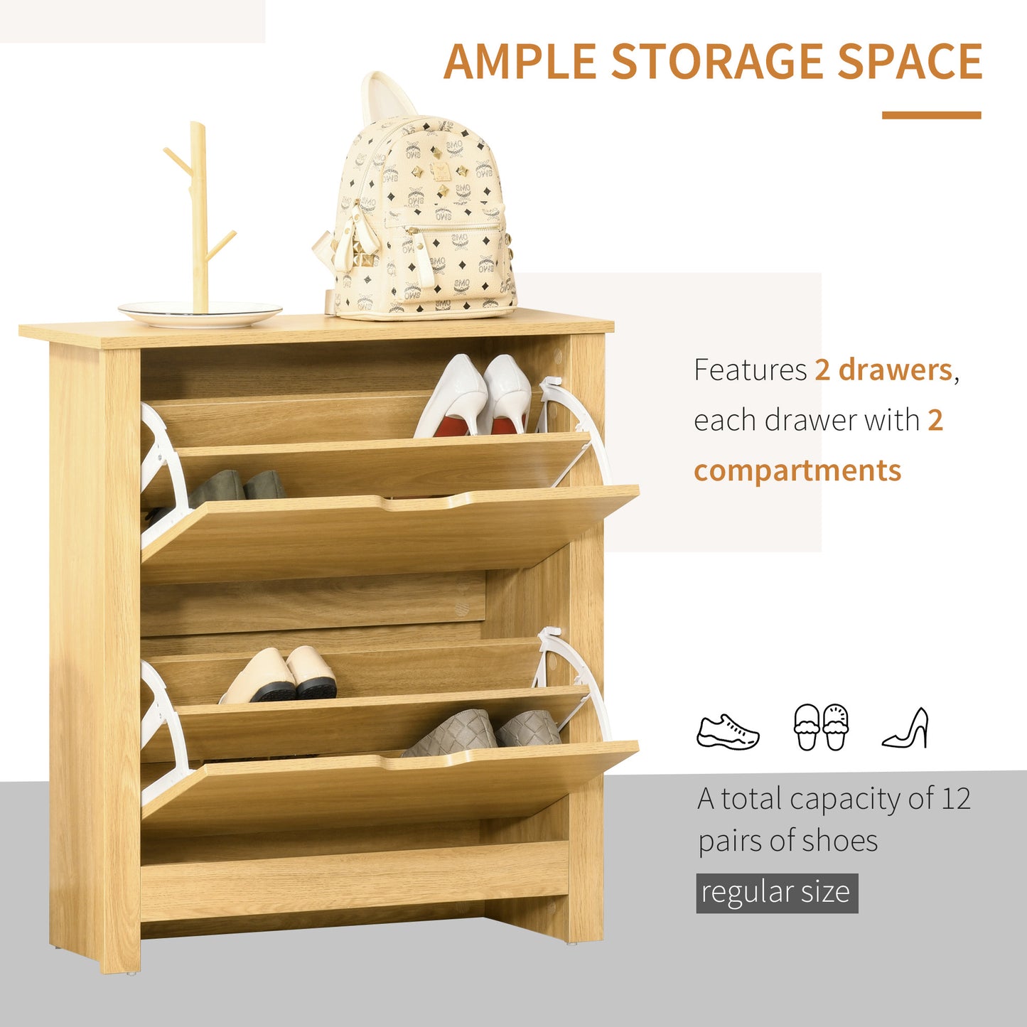 12-Shoe Storage Cabinet 4 Shelves 2 Drawers Tabletop 4 Legs Modern Brown