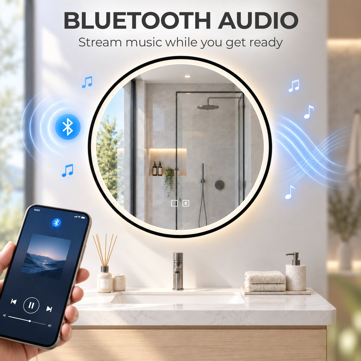 60cm Round LED Bathroom Mirror with Bluetooth Speaker and Demister - Black