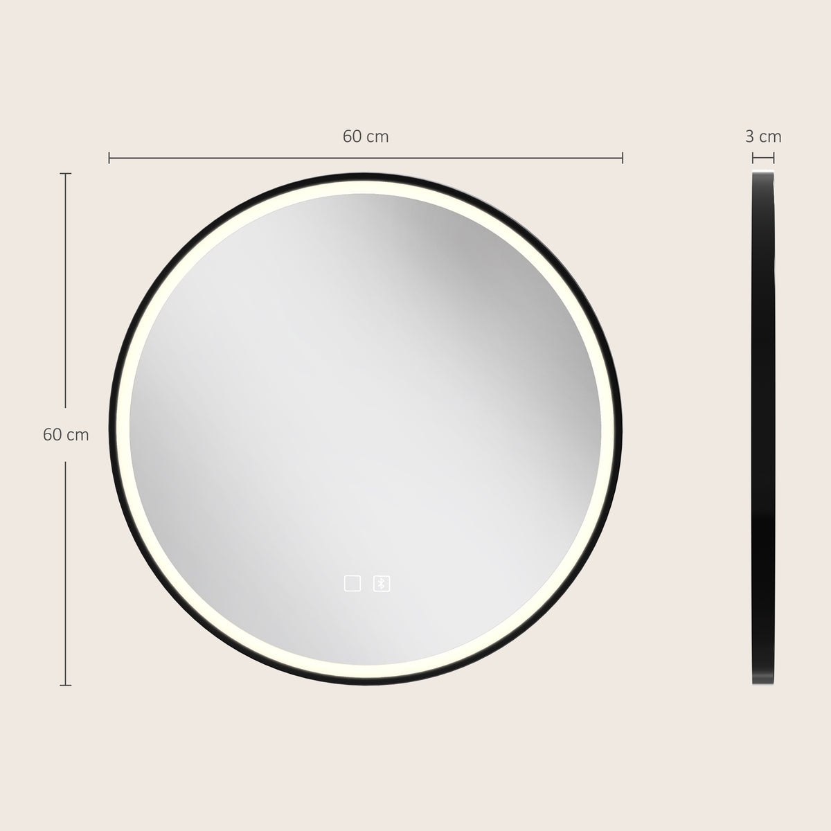 60cm Round LED Bathroom Mirror with Bluetooth Speaker and Demister - Black