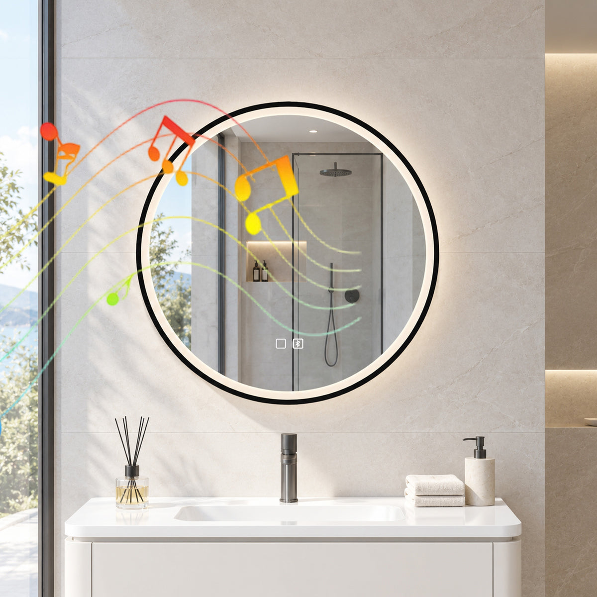 60cm Round LED Bathroom Mirror with Bluetooth Speaker and Demister - Black
