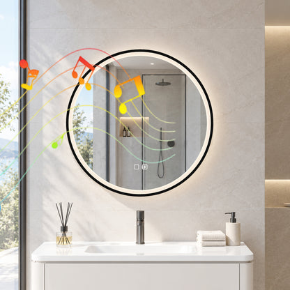 60cm Round LED Bathroom Mirror with Bluetooth Speaker and Demister - Black