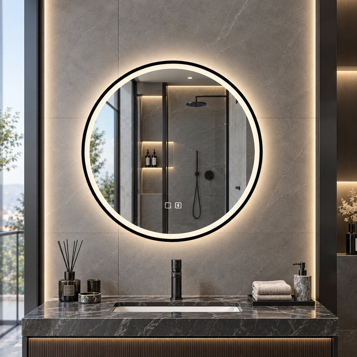 60cm Round LED Bathroom Mirror with Bluetooth Speaker and Demister - Black