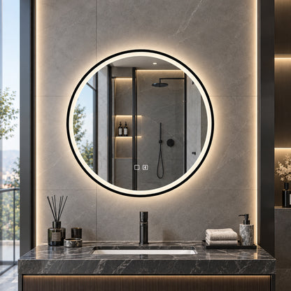 60cm Round LED Bathroom Mirror with Bluetooth Speaker and Demister - Black