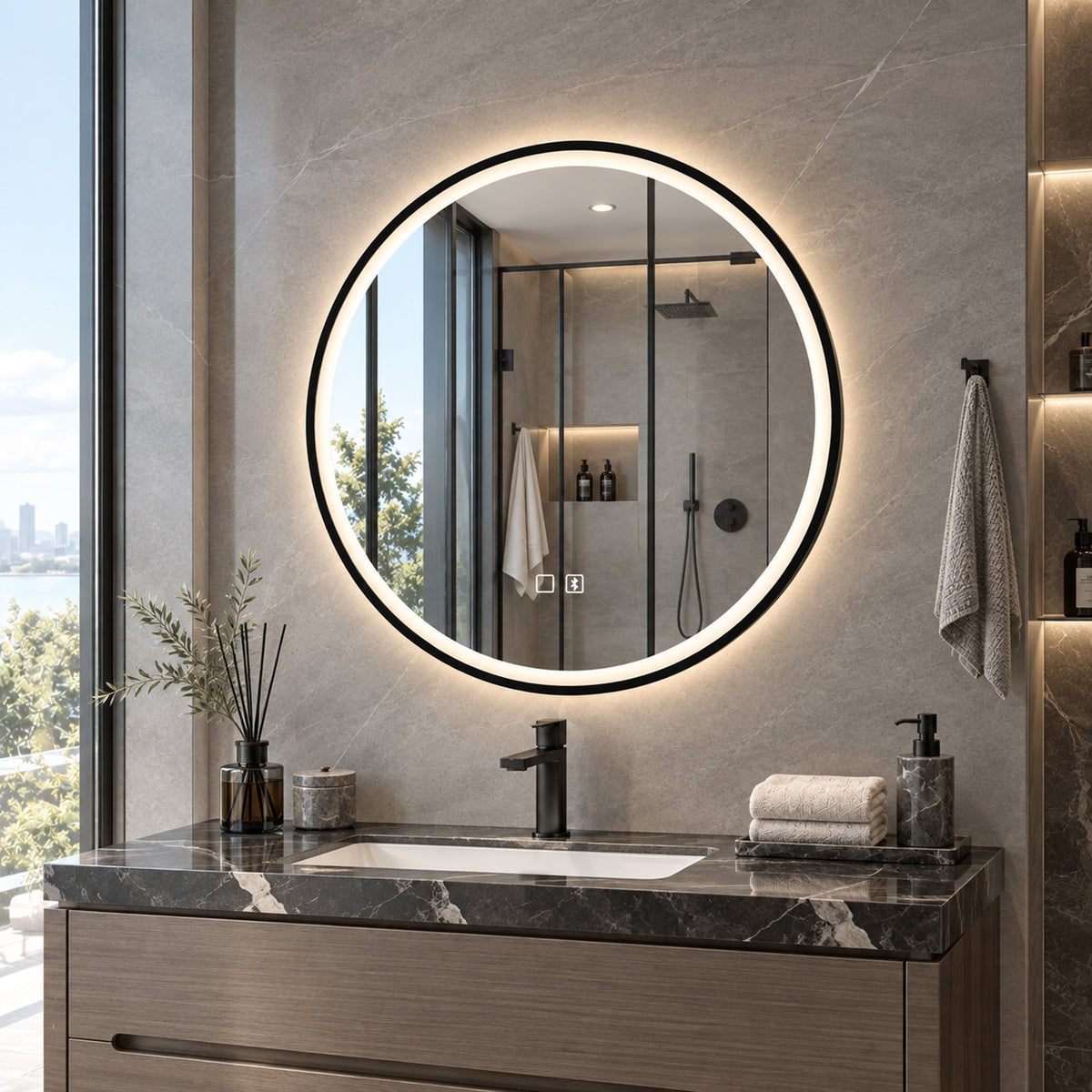 60cm Round LED Bathroom Mirror with Bluetooth Speaker and Demister - Black