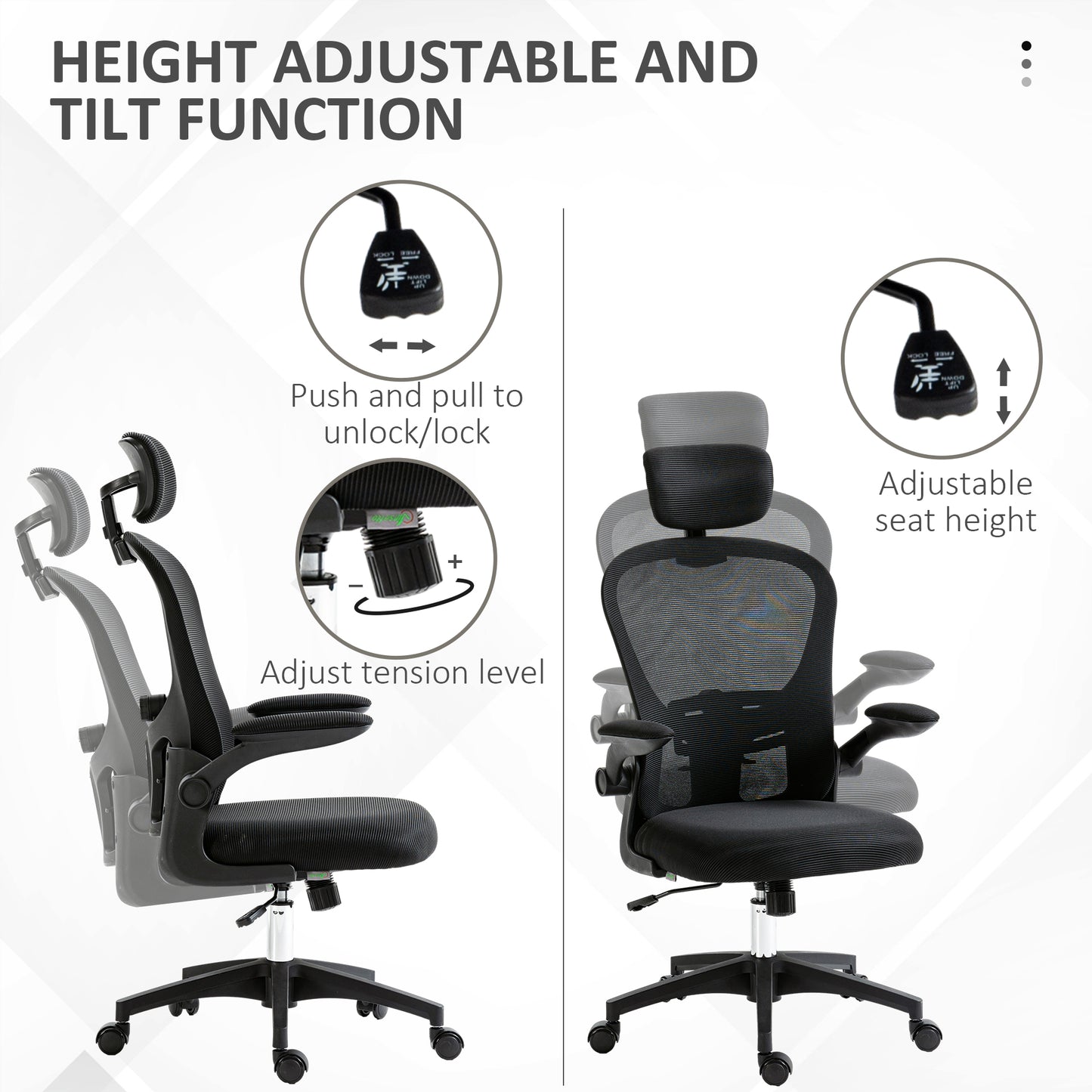 Mesh Chair with Headrest, 4D Lumbar Support, Flip-up Arm, Black