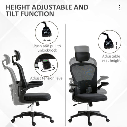 Mesh Chair with Headrest, 4D Lumbar Support, Flip-up Arm, Black