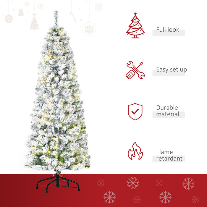 6 Feet Prelit Artificial Snow Flocked Christmas Tree with Warm White LED Light, Holiday Home Xmas Decoration, Green White