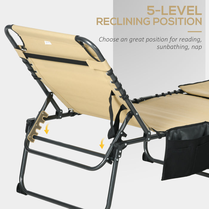 Folding Sun Lounger with 5-level Reclining Back, Outdoor Tanning Chair with Reading Hole, Side Pocket, Headrest