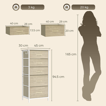 Fabric Chest of Drawers, 5 Drawer Dresser for Bedroom, Natural Wood