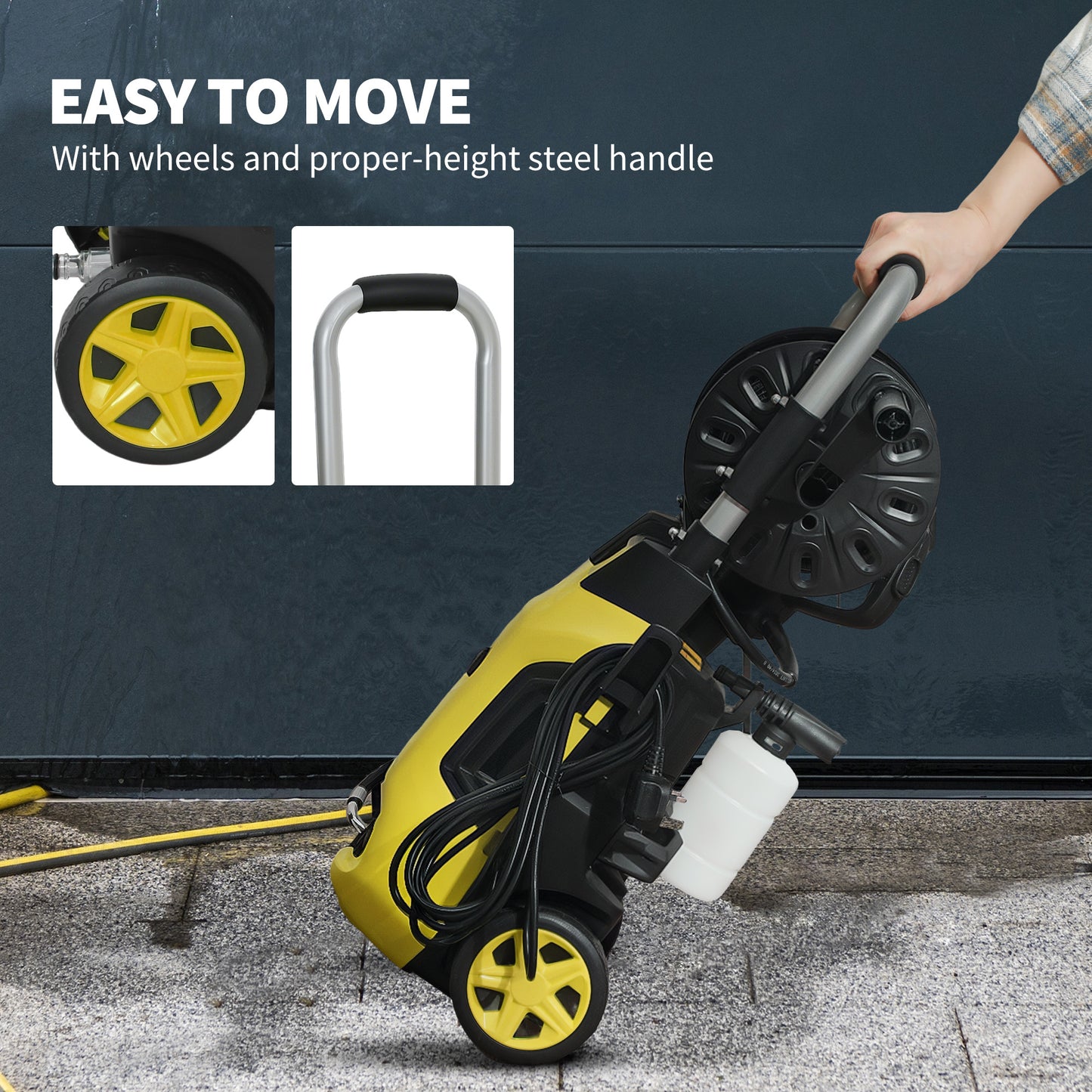 1800W Power Washer 150 Bar Pressure 6M Hose and Hose Reel, Yellow