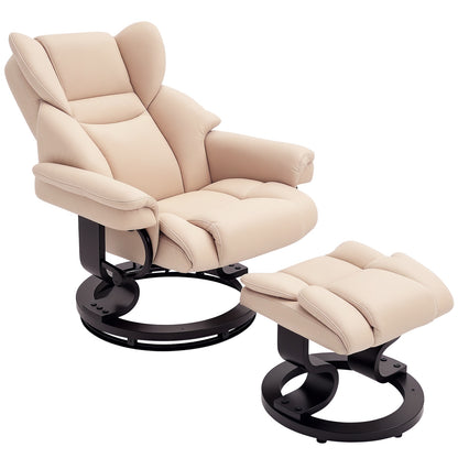 PU Leather Manual Reclining Armchair Footstool Padded Seat Cream