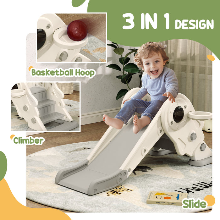 3 in1 Kids Slide with Basketball Hoop, Climber, Cream White