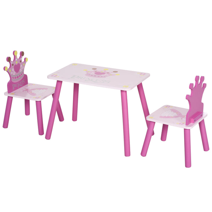 3-Piece Set Kids Wooden Table Chair with Crown Pattern Easy to Clean Gift for Girls Toddlers Age 3 to 8 Years Old Pink