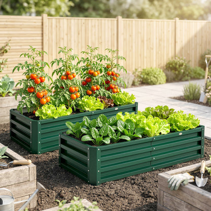 216L Raised Garden Bed, Set of 2 Galvanised Planter Box Outdoor with Open Bottom, Metal Raised Garden Bed Kit for Vegetables, Flowers and Herbs, 120 x 60 x 30.5cm, Green