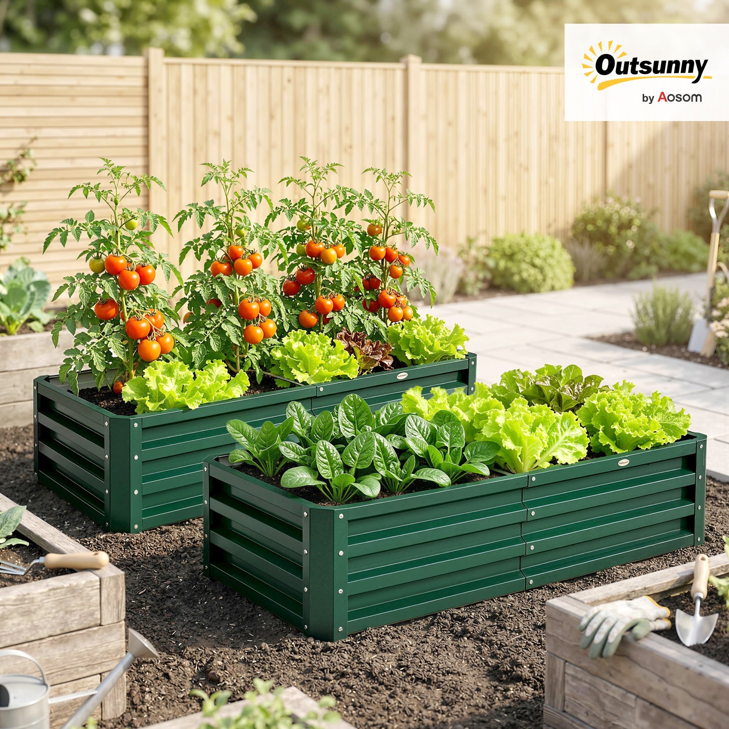 216L Raised Garden Bed, Set of 2 Galvanised Planter Box Outdoor with Open Bottom, Metal Raised Garden Bed Kit for Vegetables, Flowers and Herbs, 120 x 60 x 30.5cm, Green