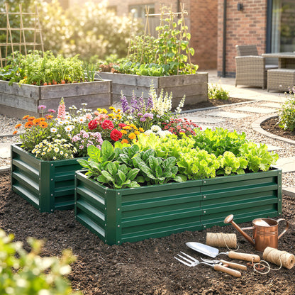 216L Raised Garden Bed, Set of 2 Galvanised Planter Box Outdoor with Open Bottom, Metal Raised Garden Bed Kit for Vegetables, Flowers and Herbs, 120 x 60 x 30.5cm, Green