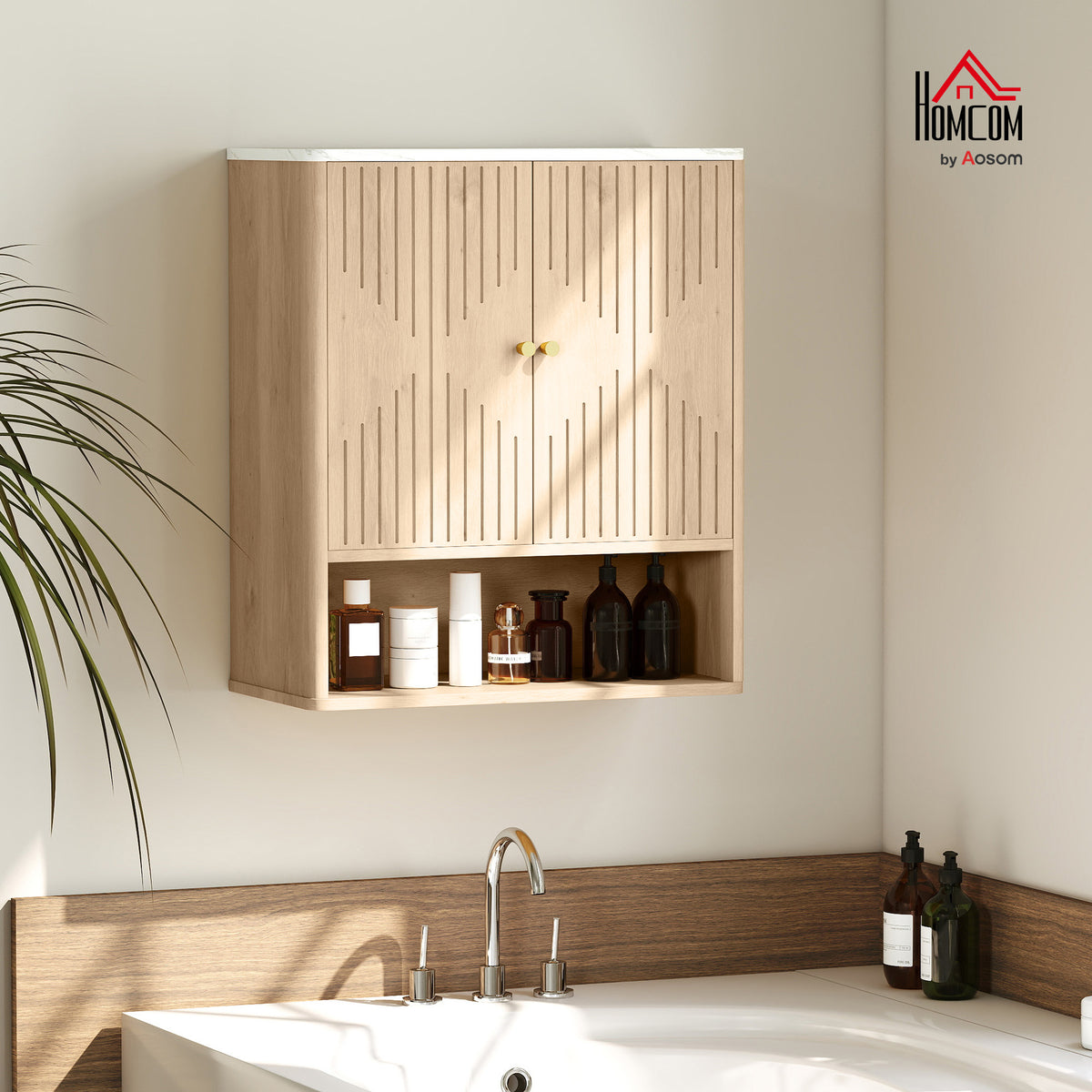 Bathroom Wall Cabinet with Adjustable Shelf and Open Shelf, Oak