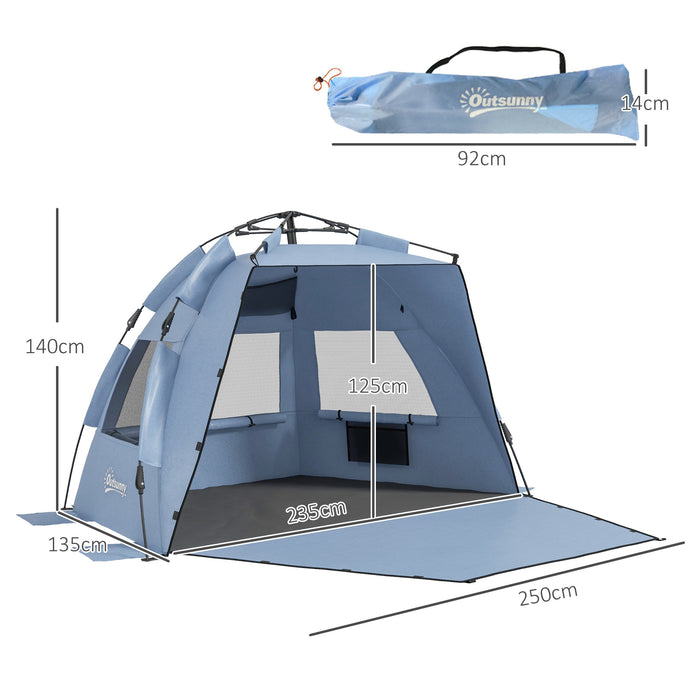 2-3 Person Pop Up Beach Tent, UPF15+ Sun Shelter with Extended Floor, Sandbags, Mesh Windows and Carry Bag, Blue