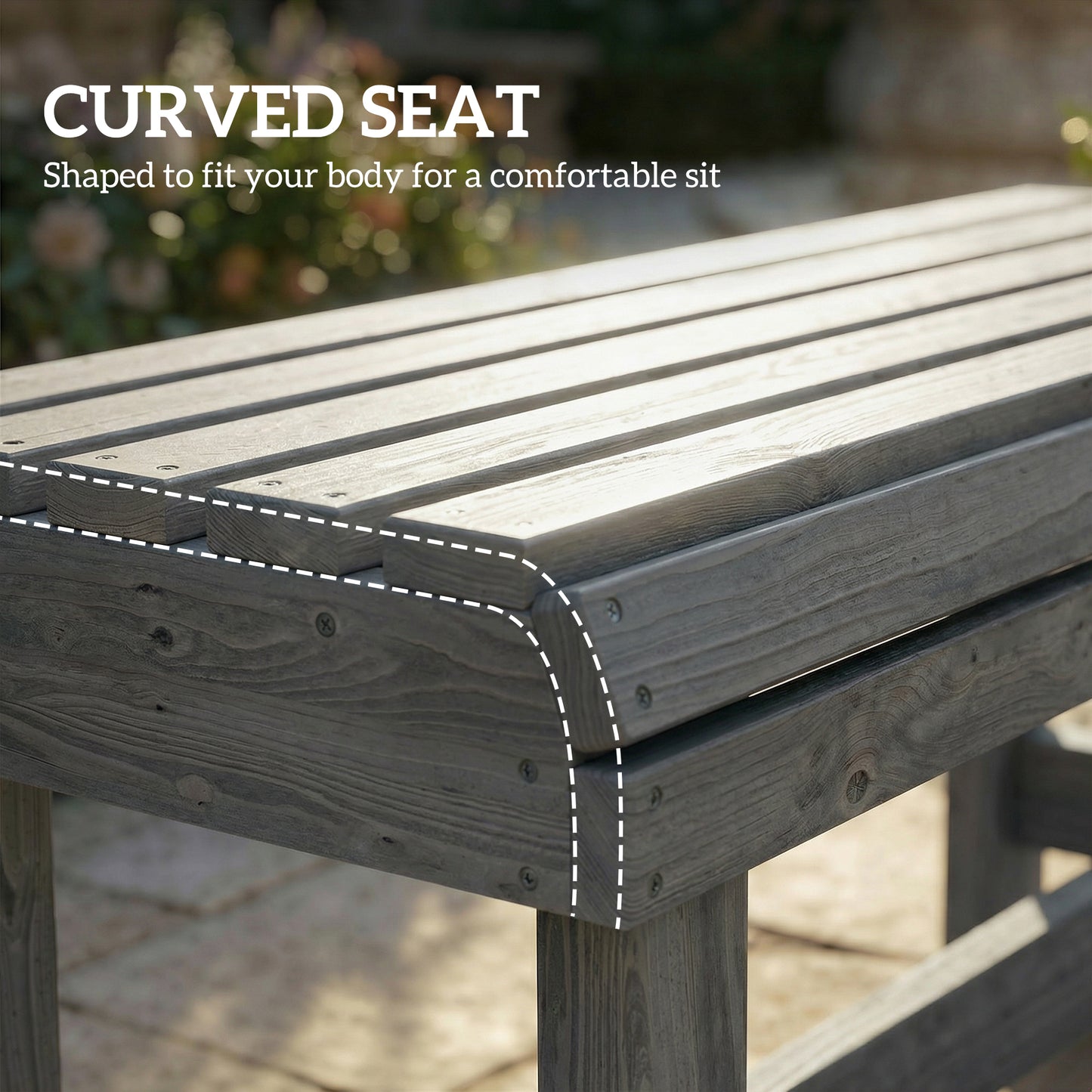 Wooden Garden Bench, 2 Seater Slatted Outdoor Bench, Grey