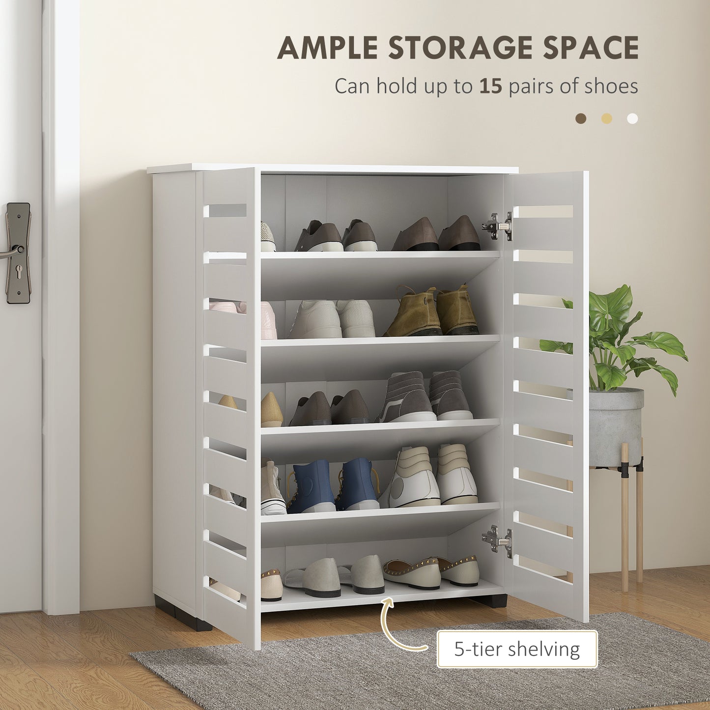 Shoe Storage Cabinet with Slatted Doors for 15 Pairs of Shoes White