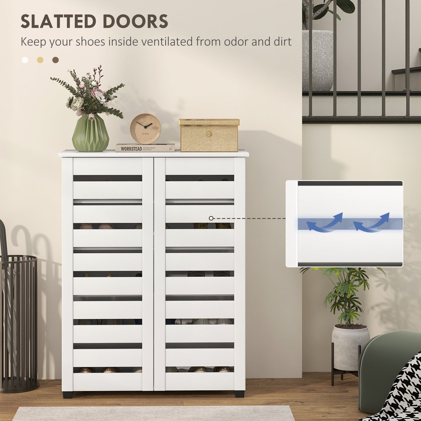 Shoe Storage Cabinet with Slatted Doors for 15 Pairs of Shoes White