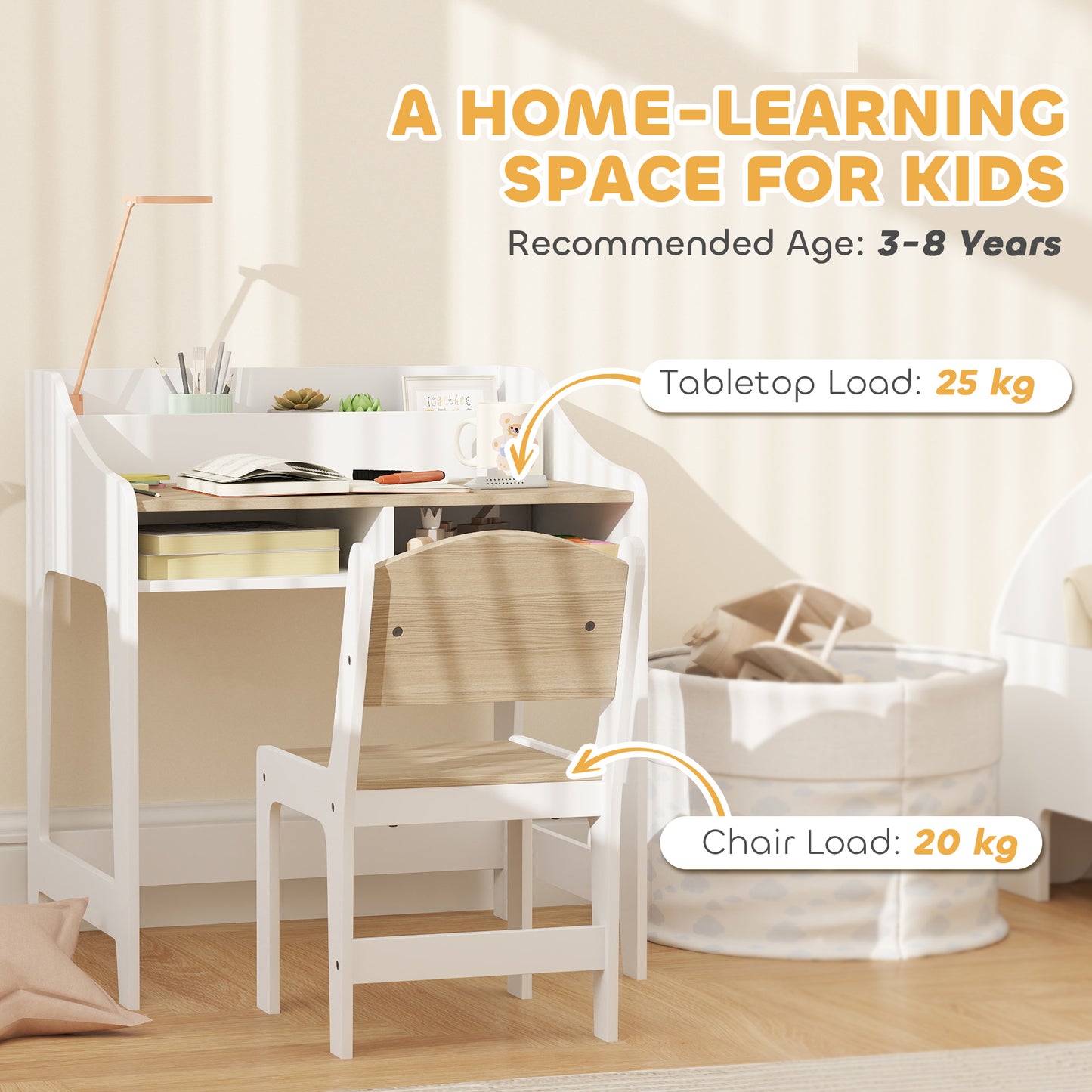Kids Desk and Chair Set, Children Study Table with Storage, Natural