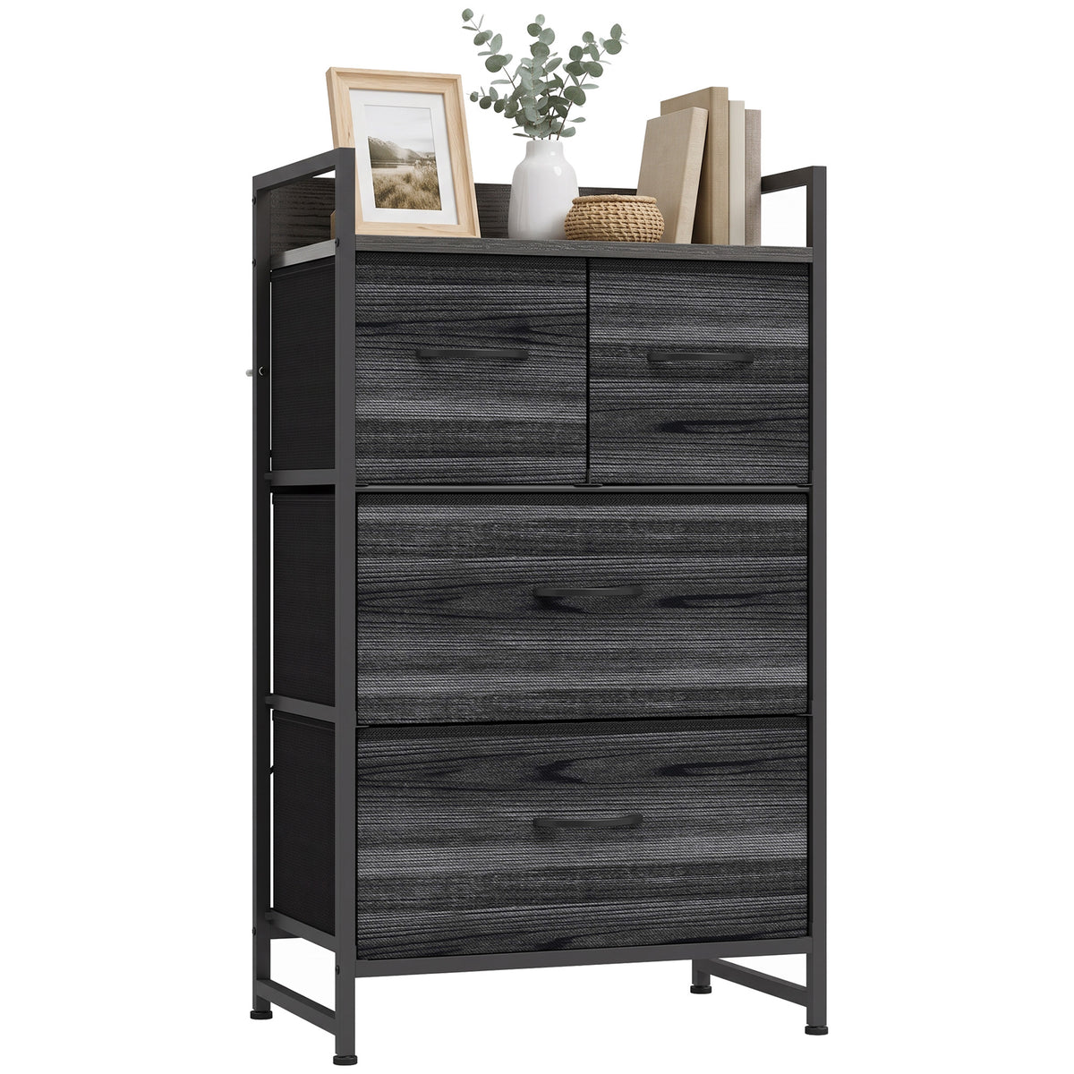 4-Drawer Fabric Chest with Top Shelf and Steel Frame - Black Wood Effect