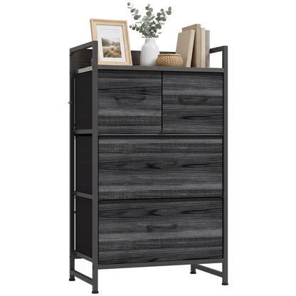 4-Drawer Fabric Chest with Top Shelf and Steel Frame - Black Wood Effect