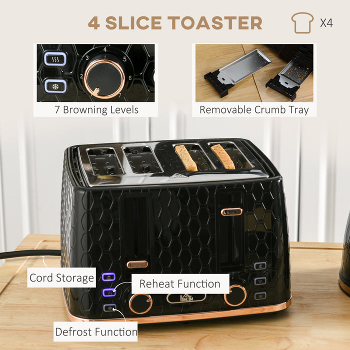 1.7L 3000W Fast Boil Kettle & 4 Slice Toaster Set, Kettle and Toaster Set with 7 Browning Controls, Crumb Tray, Black