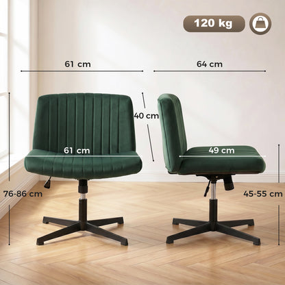 Armless Office Chair No Wheels, Flannel Criss Cross Legged Desk Chair with Wide Seat, Thick Padding, Rock Function, Height Adjustable Swivel Computer Seat for Home, Green