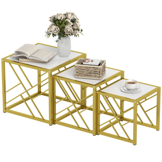 Set of 3 Nesting Coffee Tables Square End Tables w/ Metal Frame White