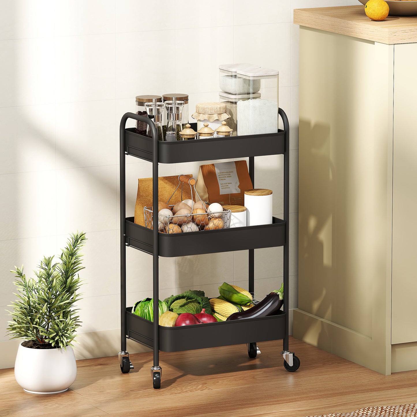 3 Tier Rolling Utility Cart with 3 Mesh Basket, Black