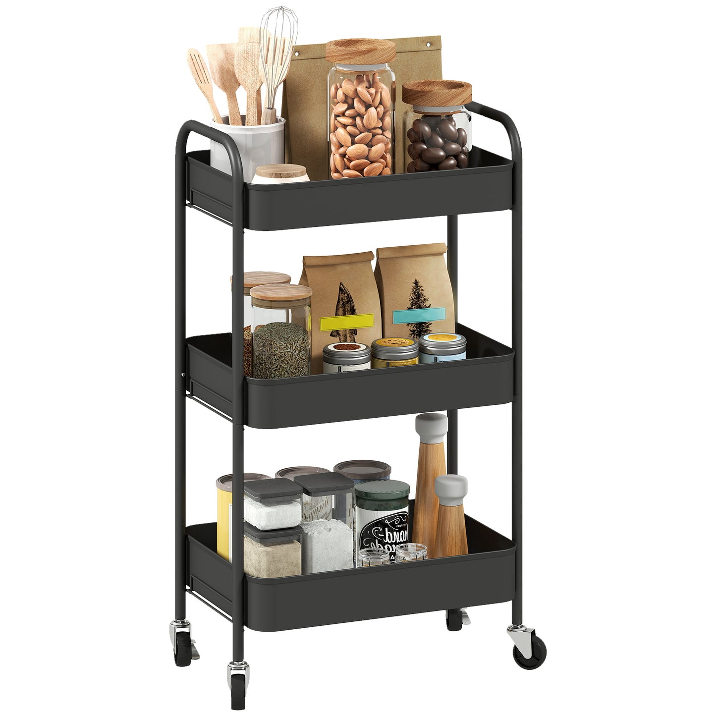 3 Tier Rolling Utility Cart with 3 Mesh Basket, Black