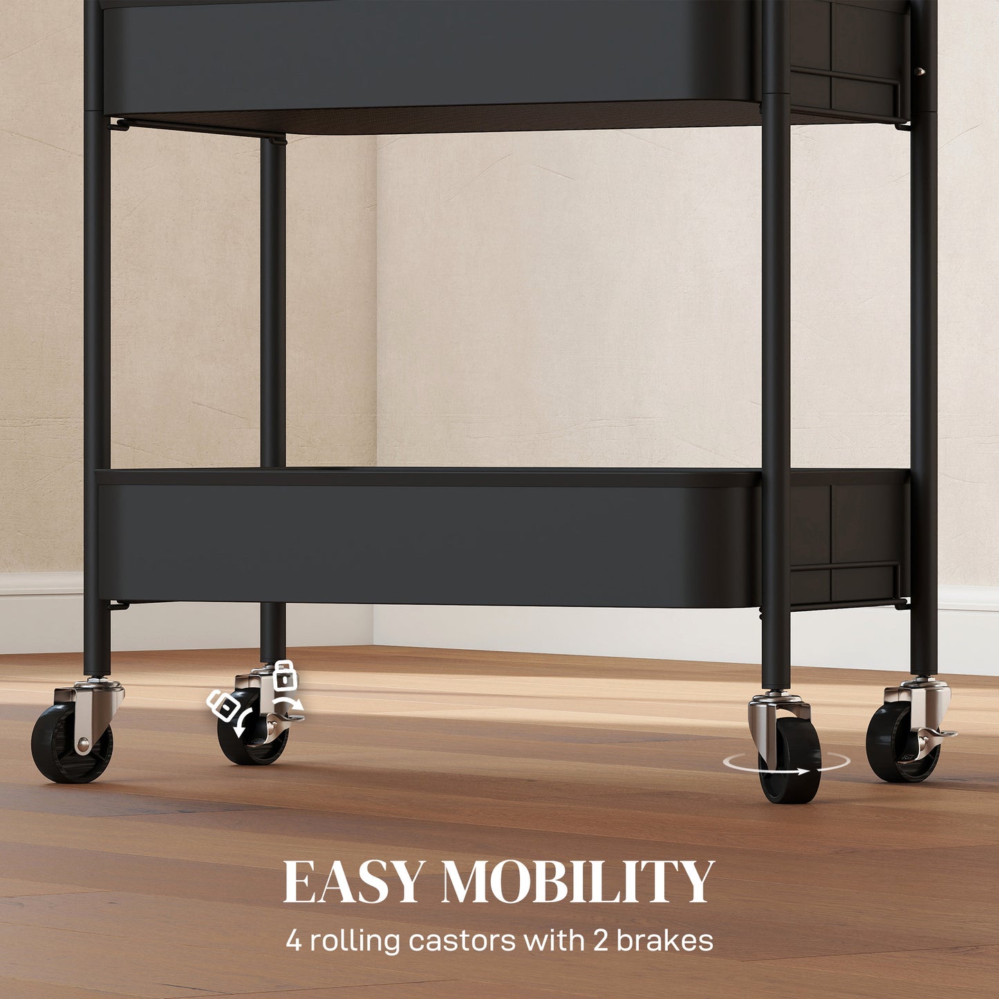 3 Tier Rolling Utility Cart with 3 Mesh Basket, Black