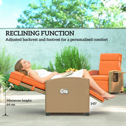 Rattan Garden Recliner Sun Lounger w/ Flip Table, Khaki/Orange